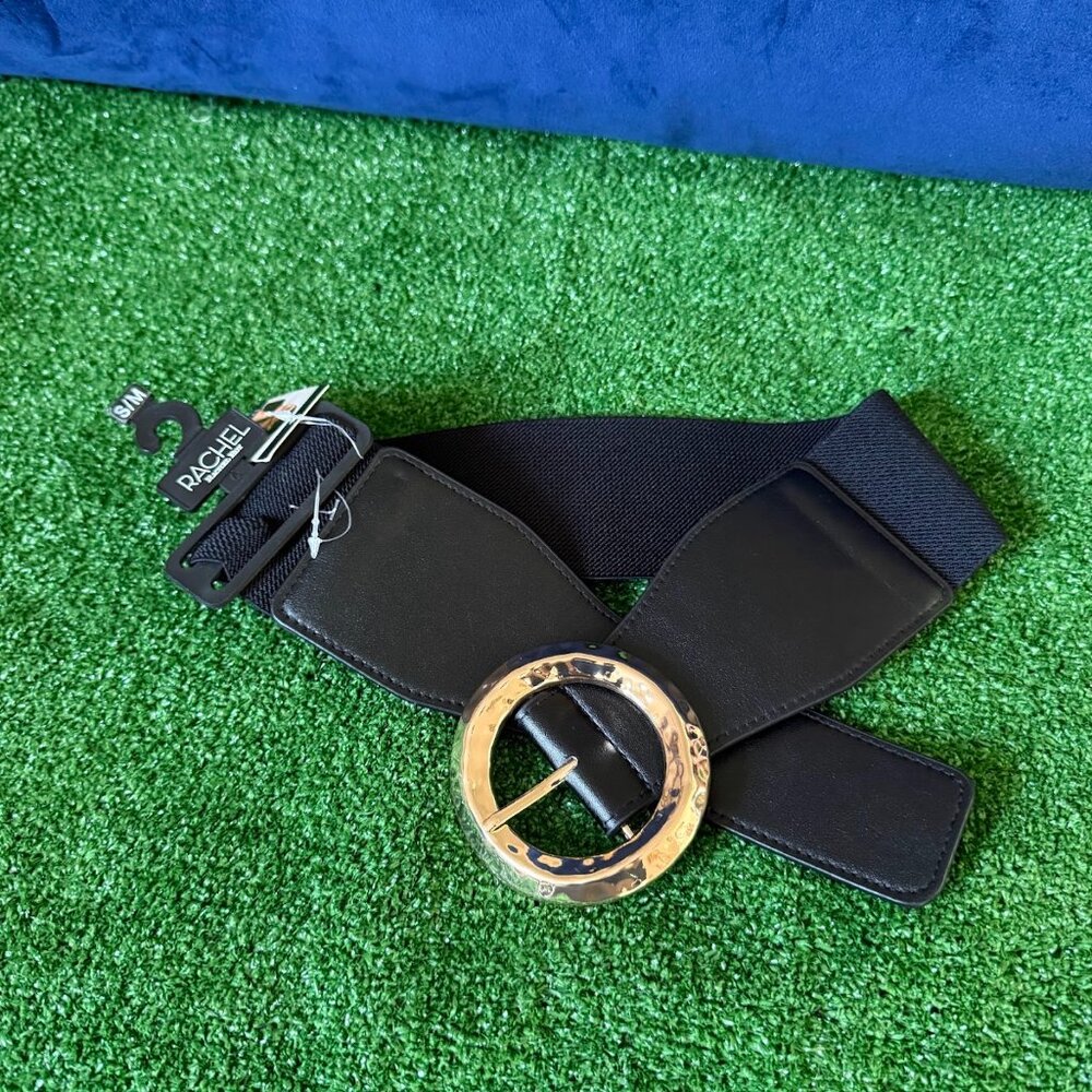 Rachel Black Leather Elastic Wide Belt Rose Gold-Tone Hammered Buckle S/M NWT